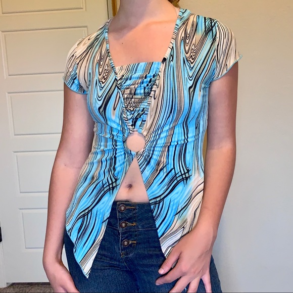Y2K Groovy Marble Print Open Belly Top - Picture 5 of 11